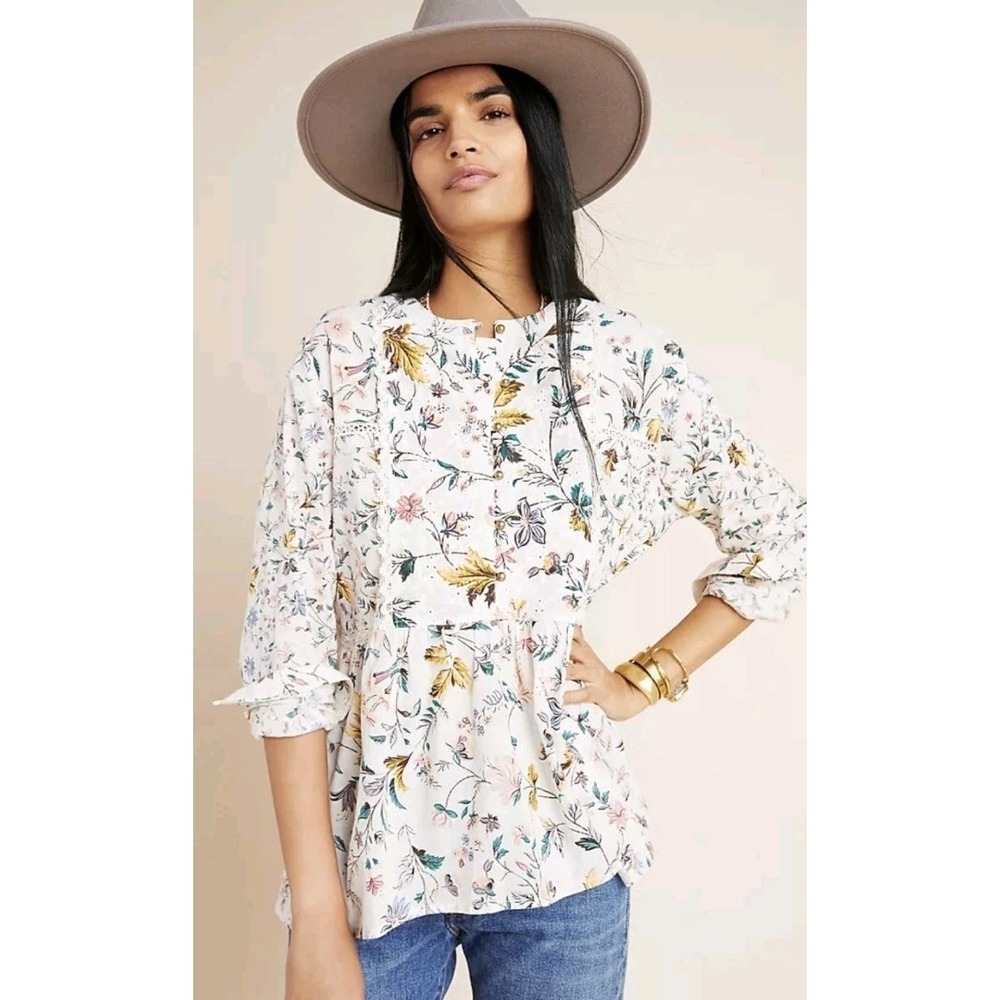 Anthropologie Ginevra Lace Babydoll Blouse Women S Floral Boho Button Cottage
